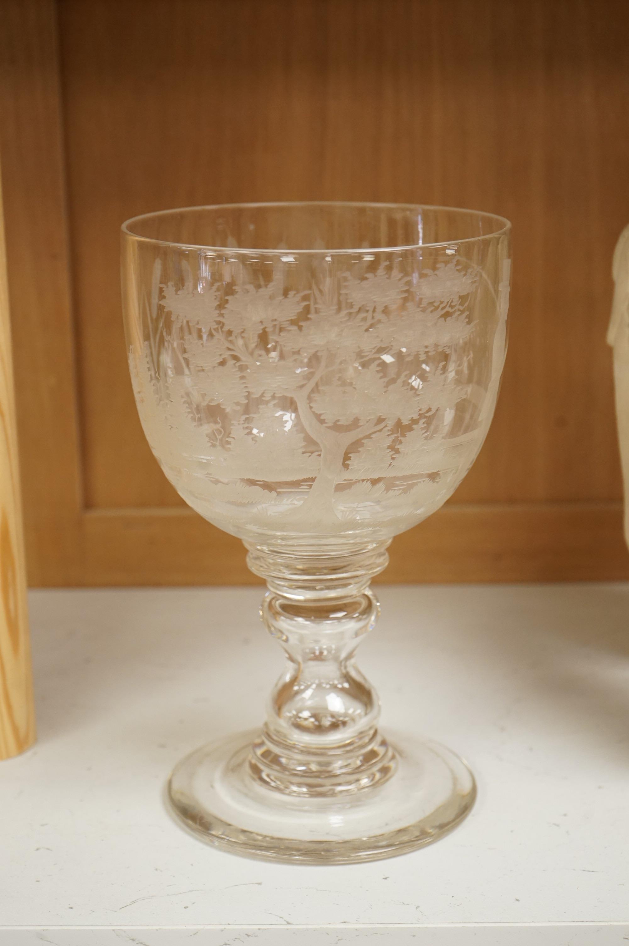 Fishing interest, a large mid 19th century glass goblet, engraved with a fisherman, bull rushes and foliage, 23cm high